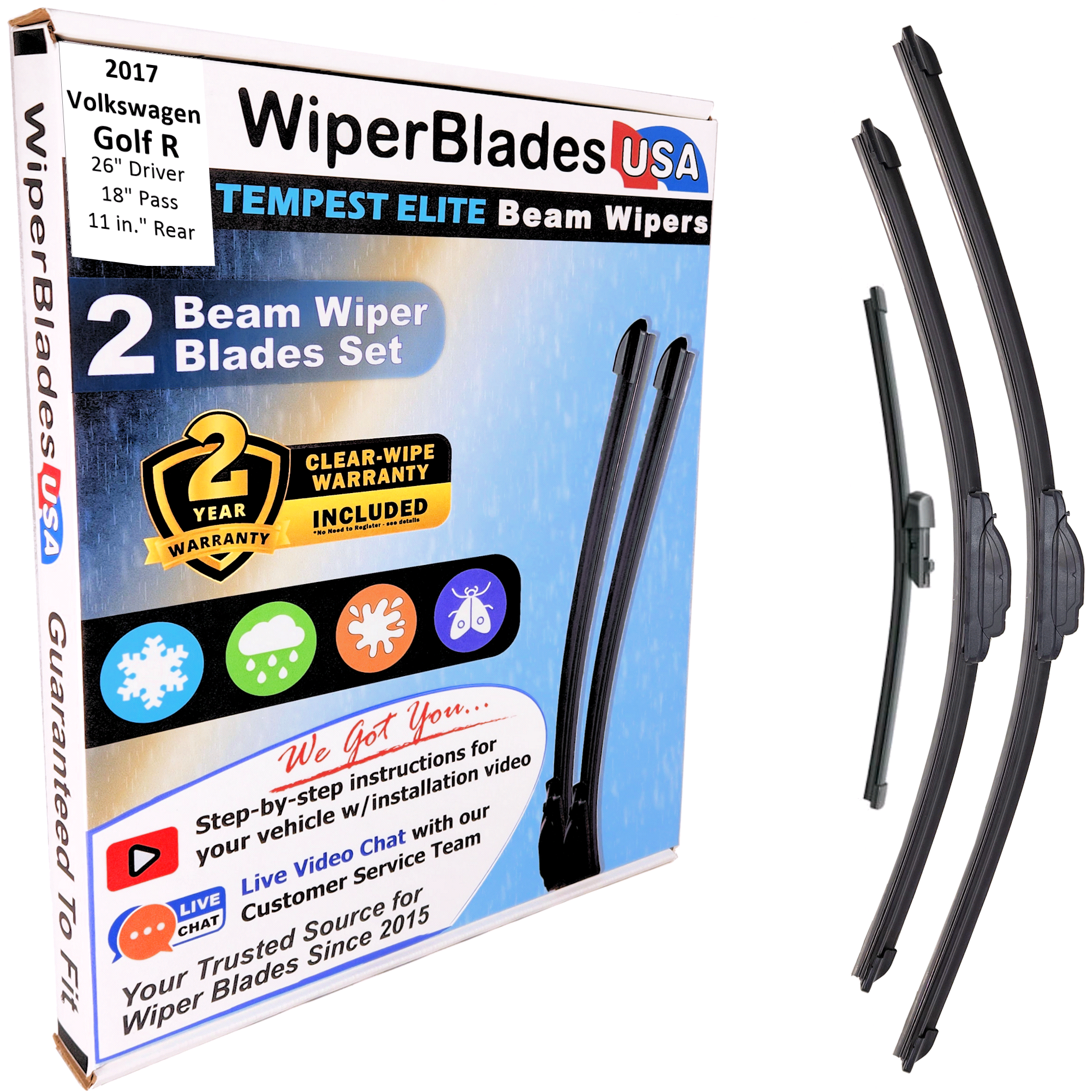 2017 Volkswagen Golf R Wiper Blades w/2yr Wear Warranty (Set of 3) w/Rear Wipers
