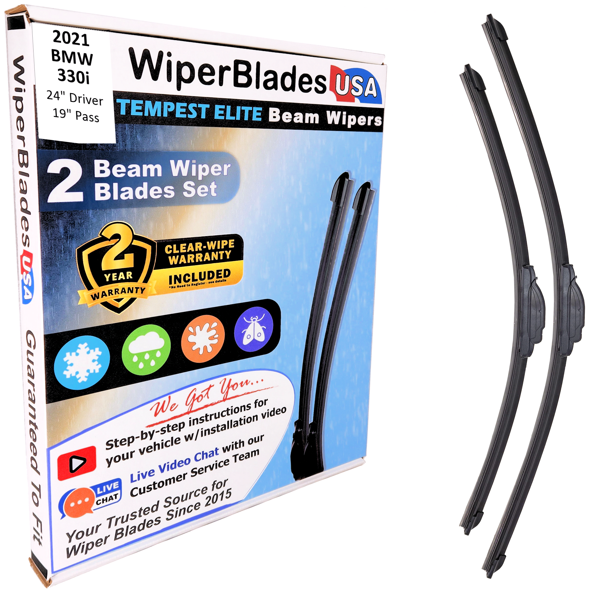 2021 BMW 330i Wiper Blades Set w/2yr Warranty (Set of 2) Tempest Elite Wipers